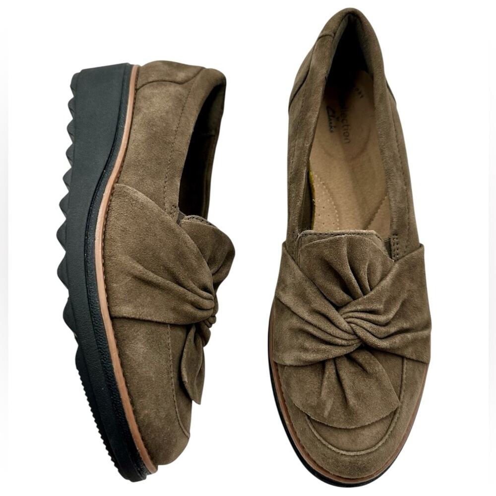 Clarks Suede Olive Green Sharon Dasher Slip On Scandi-Girl Loafers Size 7